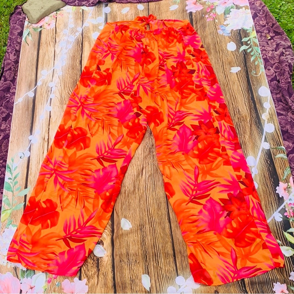 Vintage Petra Fashions Orange and Pink Tropical Floral Palazzo Pants Lou…